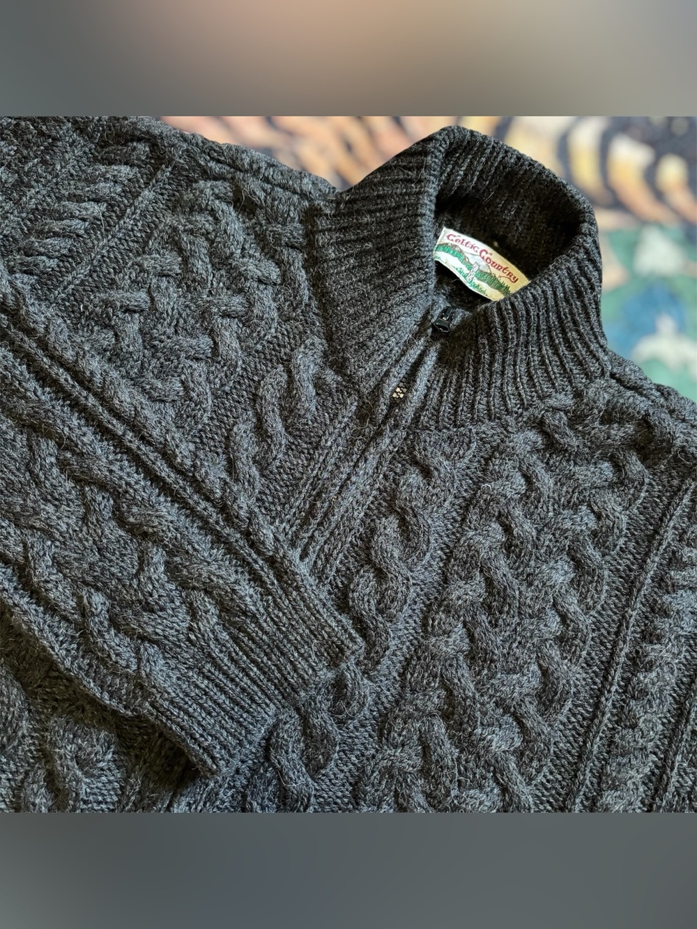 Celtic Country 100% Wool Chunky Cable Knit Full Zip Sweater Gray XL Ireland Aran